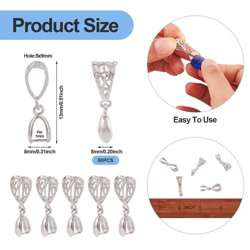 BB Beadthoven Beadthoven 50pcs Filigree Pinch Bails Pendant Clasps Connectors for Jewelry Making Platinum Color Brass Ice Pick Pinch Bail Dangle Clip Bead Jewelry Clasps Findings for Necklace Charms Holder DIY - Image 3